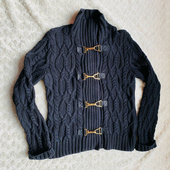 Lauren Ralph Lauren Sweaters - Ralph Lauren Fireman Clasp Buckle Cable Chunky Cotton Black Sweater Womens Sz L